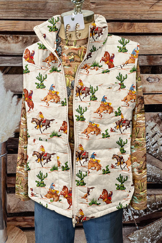 Vintage Cowboy Print Pocket Vest