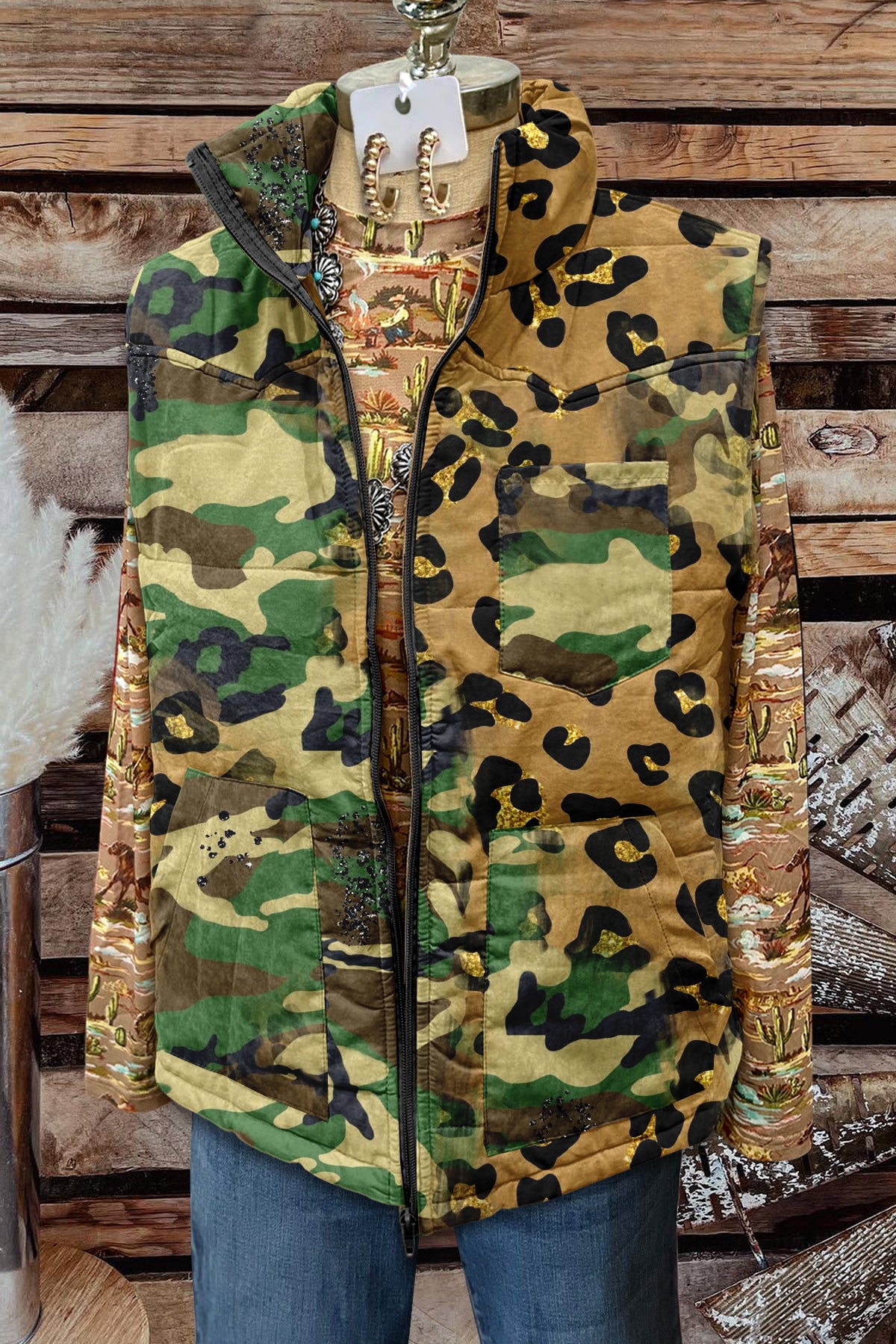 Vintage Leopard Camouflage Print Pocket Vest