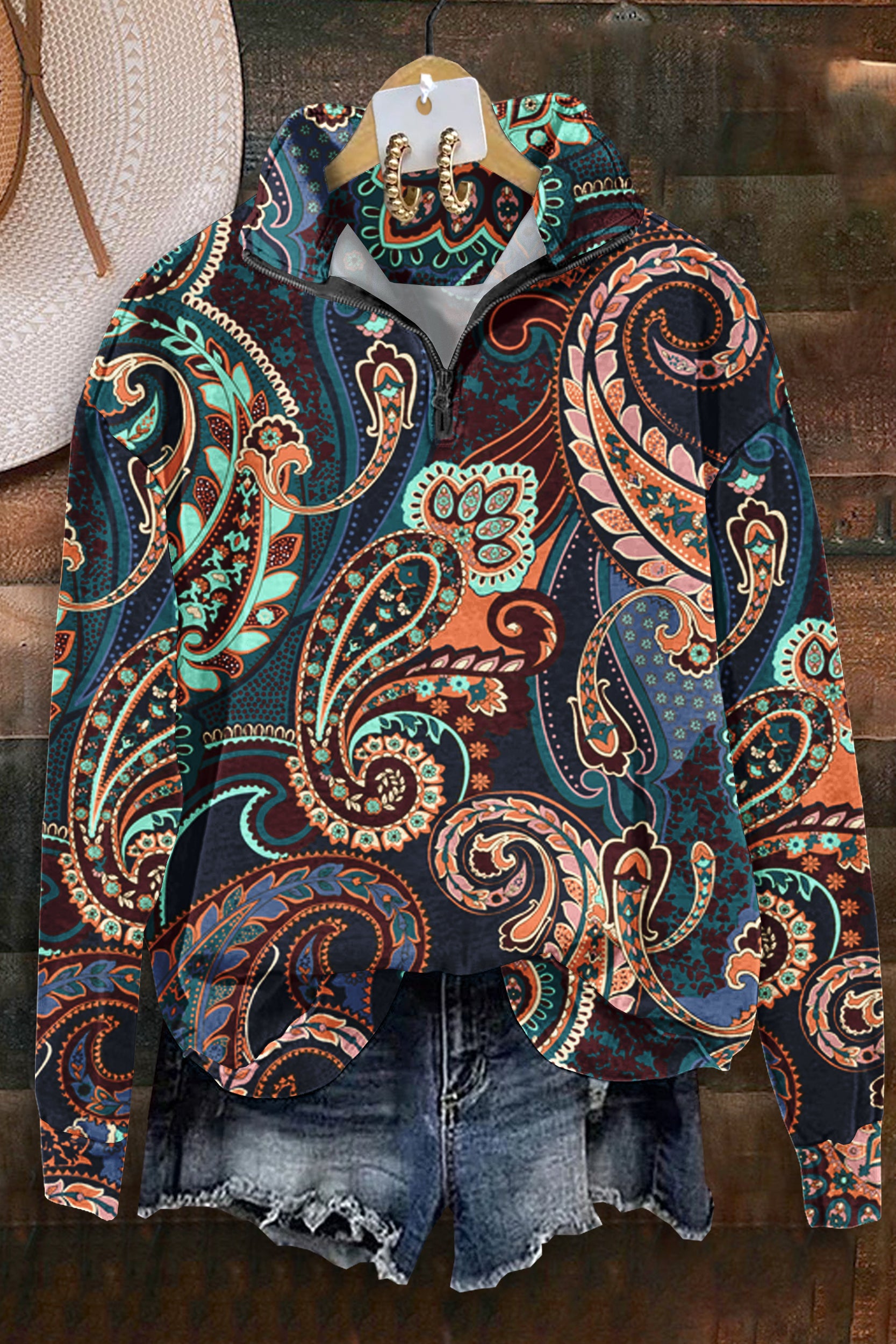 Classic Paisley Print Zip-Up Top