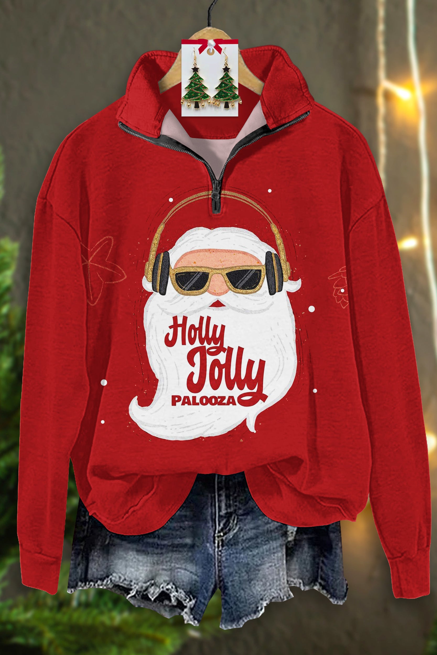 Casual Christmas Santa Palooza Print Zip-Up Sweatshirt