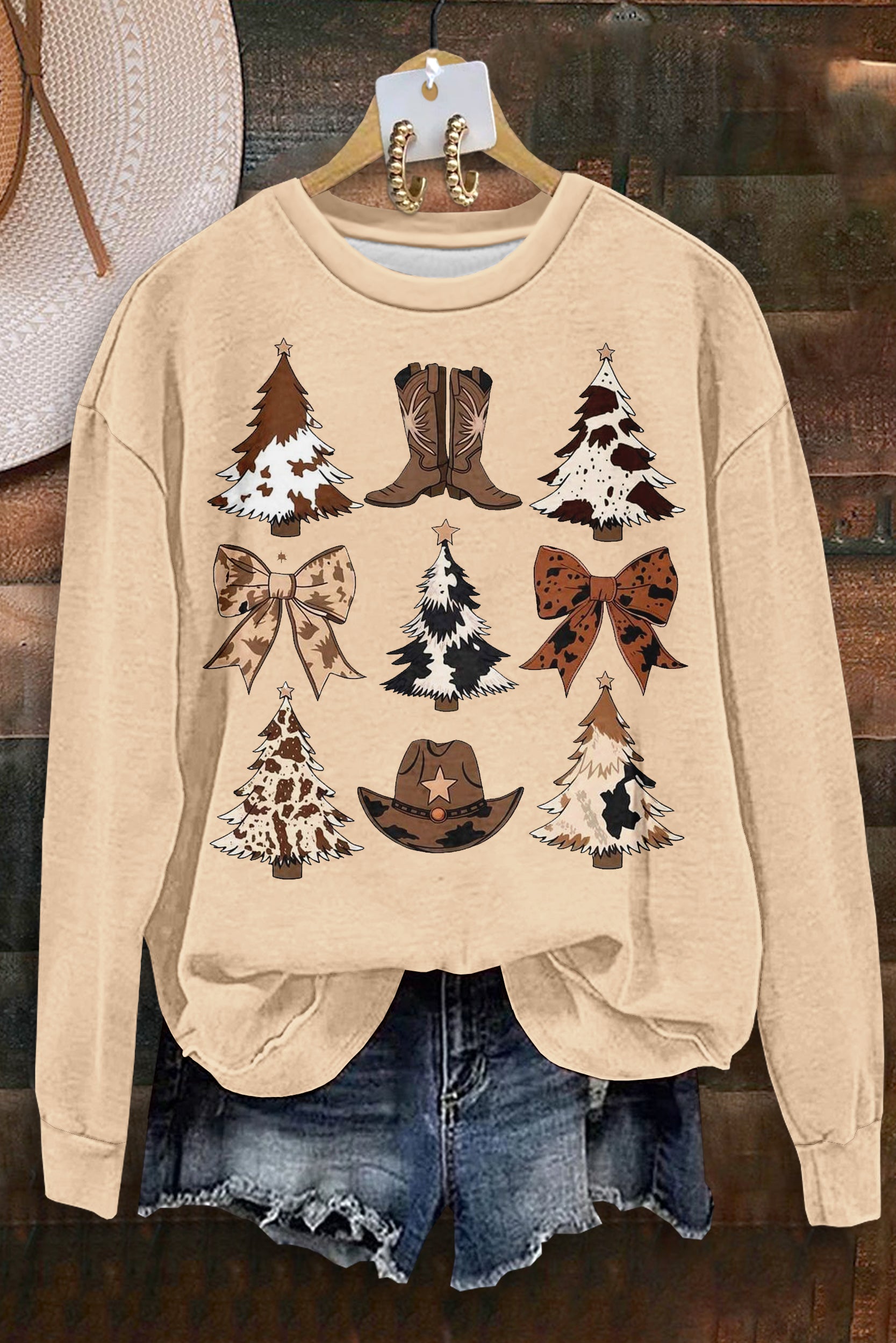 Western Christmas Print Long Sleeve Sweatshirt