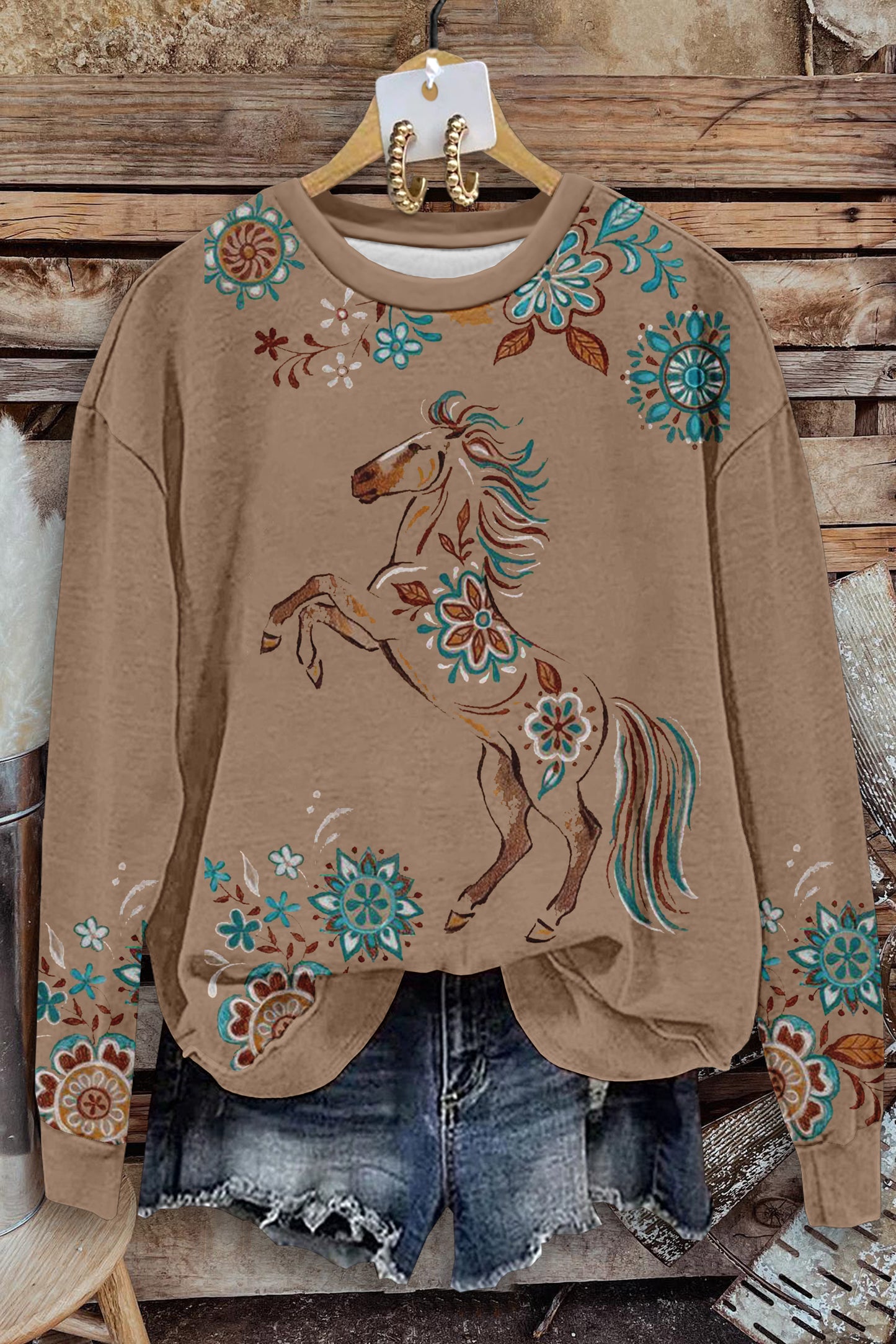 Western Horse Print Long Sleeve Sweatshirt