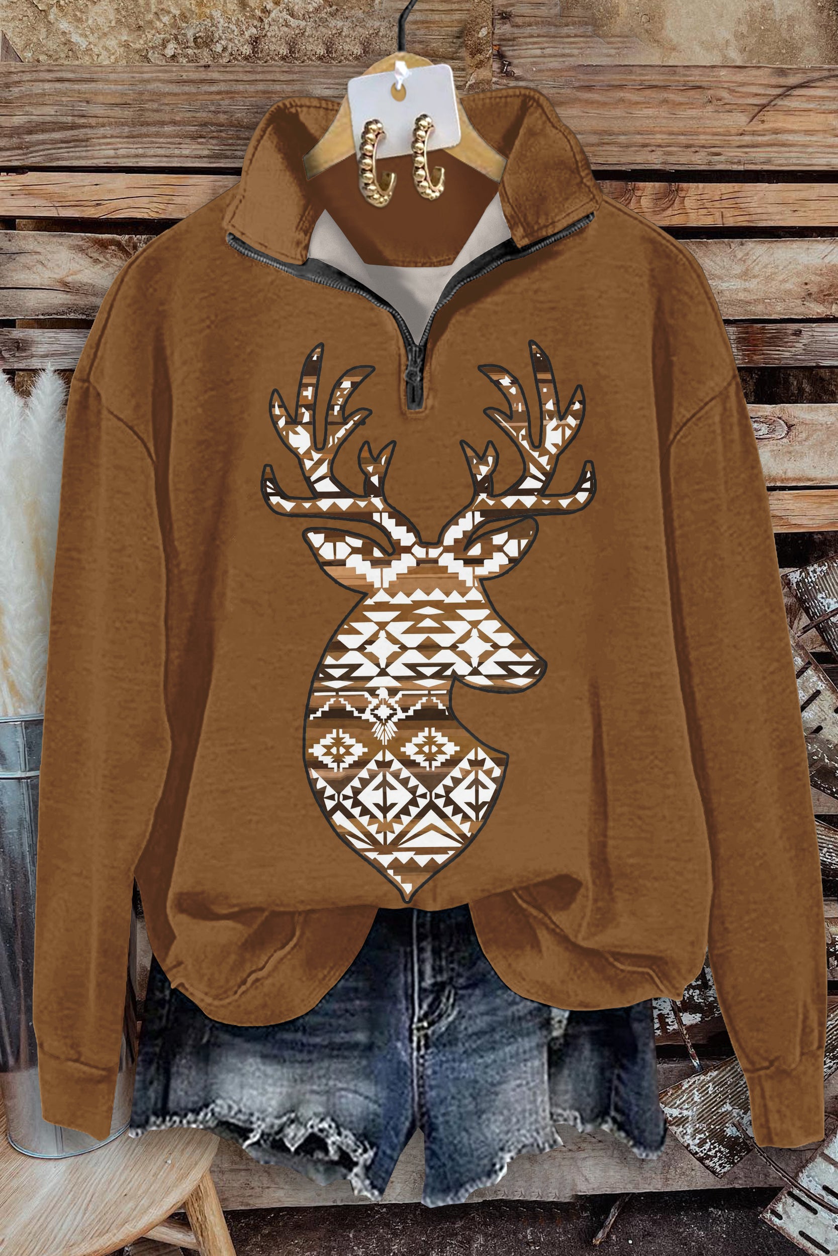 Vintage Elk Print Zip-Up Sweatshirt