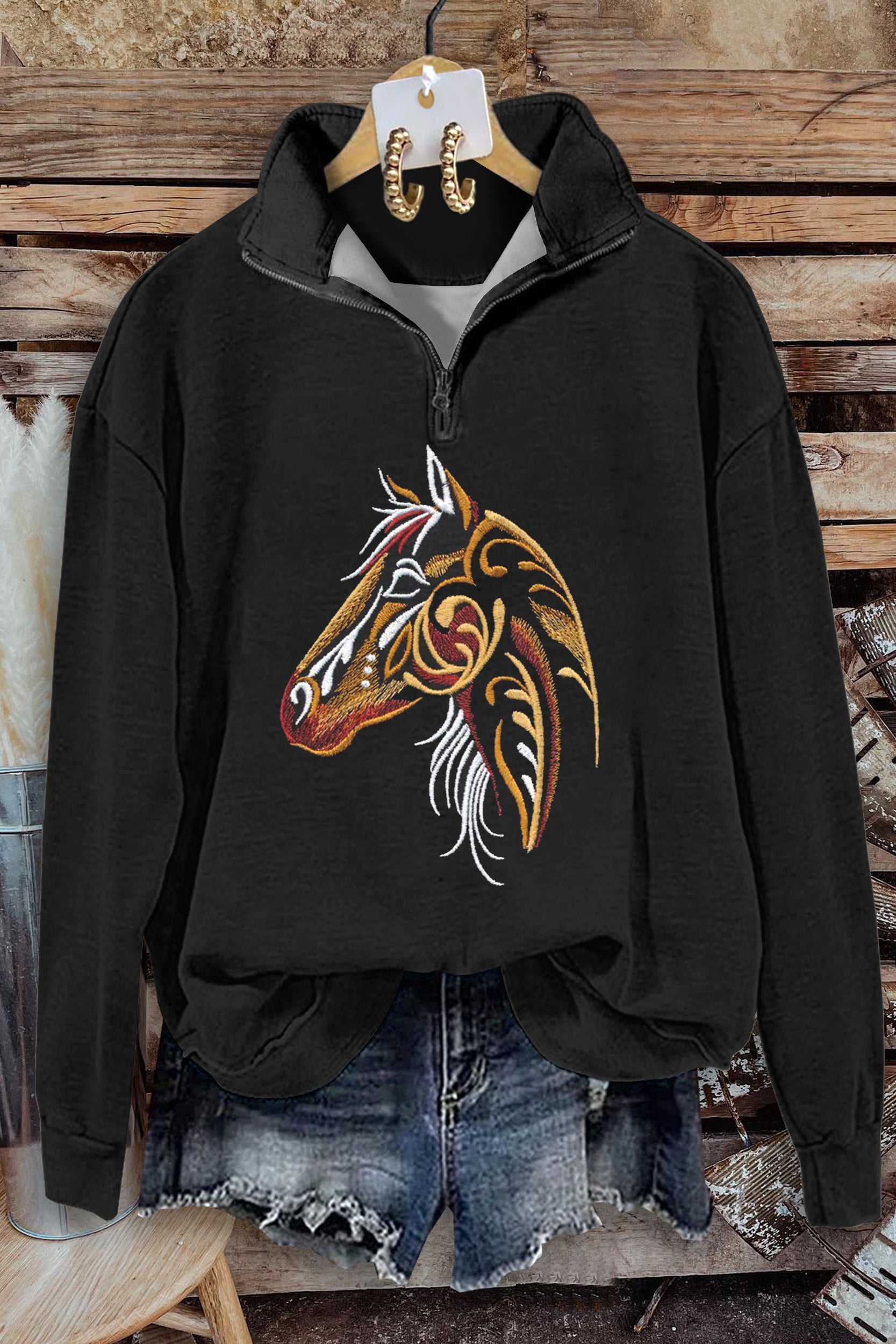 Classic Horse Print Zip-Up Sweatshirt