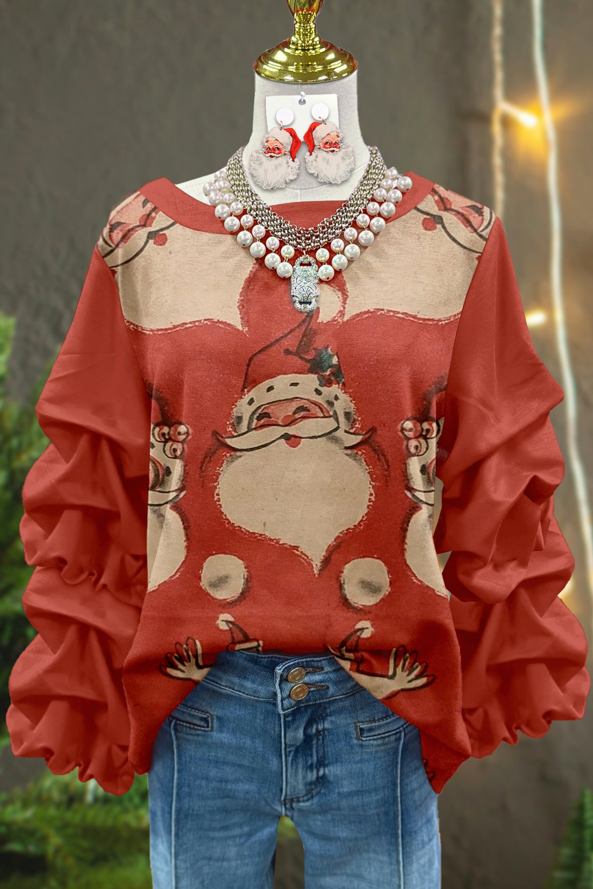 Vintage Christmas Ugly Santa Print Pleated Top