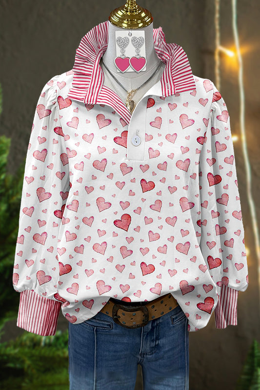 Sweet Heart Stripe Print Stand Collar Top