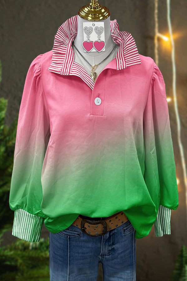 Fresh Gradient Stripe Print Stand Collar Top