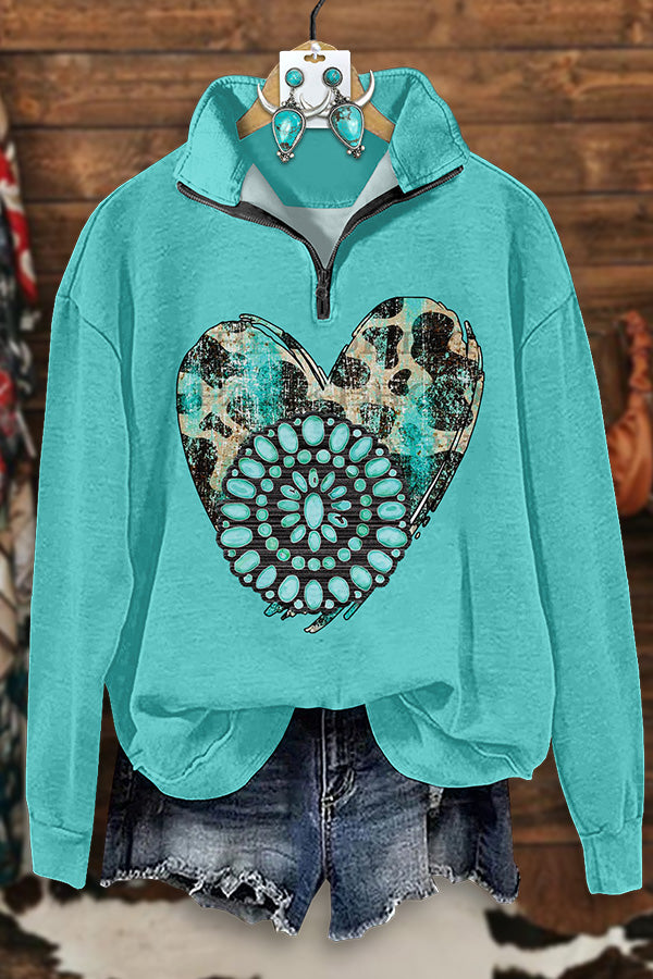 Western Heart Print Zip-Up Sweatshirt