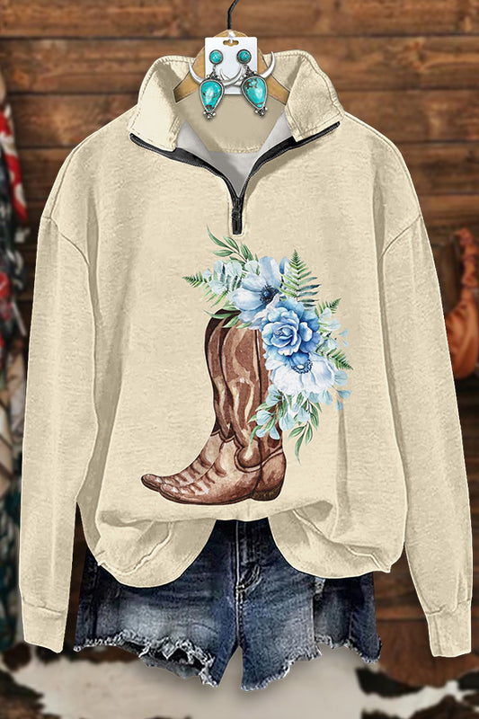 Western Boots Floral Print Zip-Up Sweatshirt