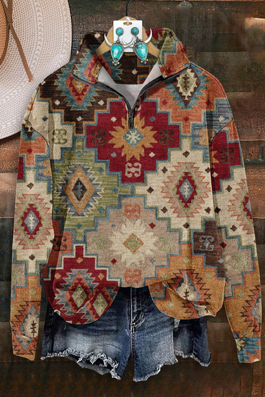 Vintage Aztec Print Zip-Up Sweatshirt