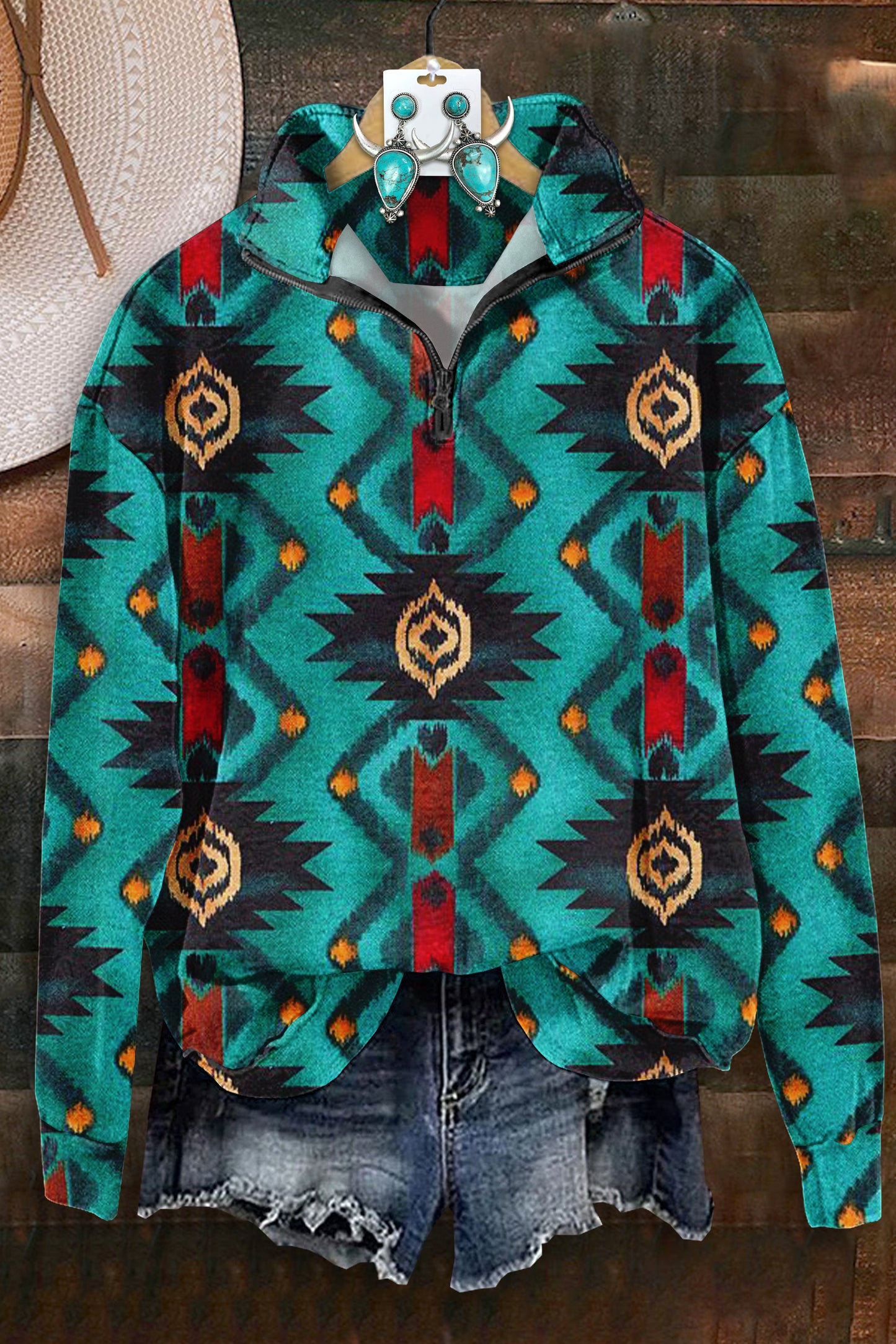 Classic Aztec Print Zip-Up Sweatshirt