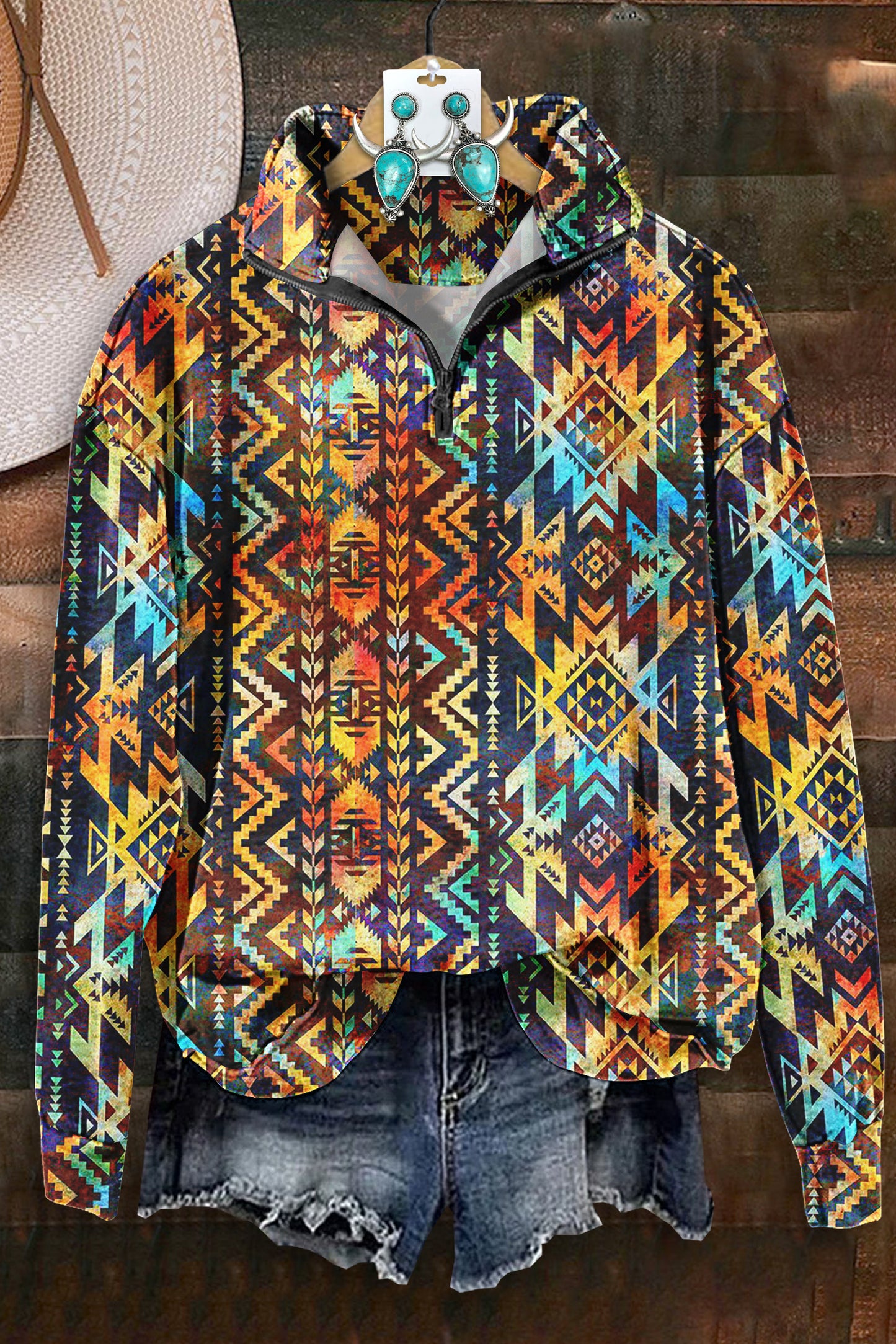 Colorful Aztec Print Zip-Up Sweatshirt