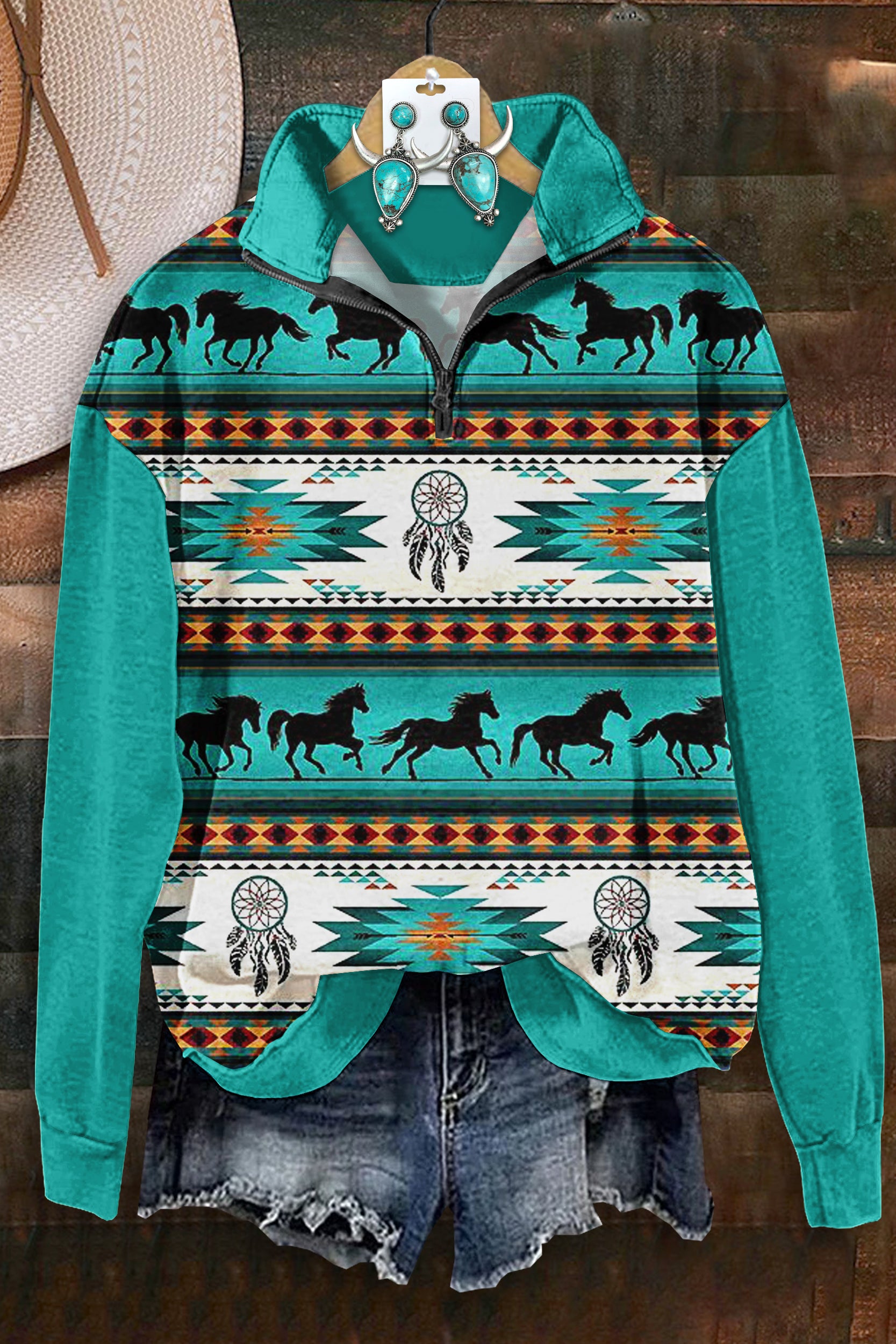 Classic Aztec Horse Print Zip-Up Sweatshirt