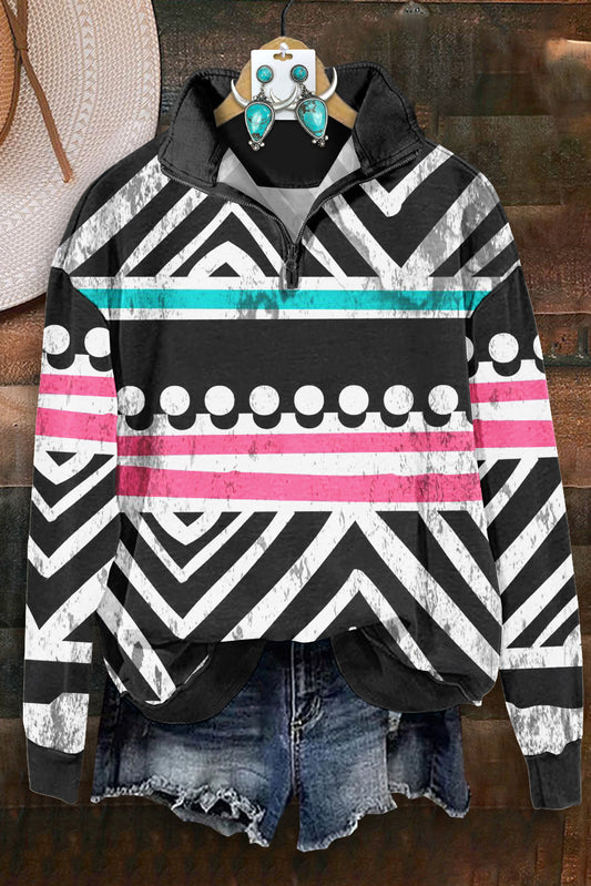 Retro Line Print Zipper Sweatshirt