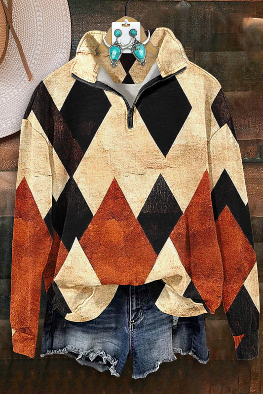 Vintage Diamond Print Zip-Up Sweatshirt