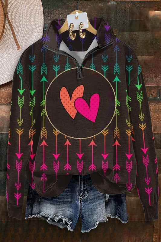 Vintage Heart Arrow Print Zipper Sweatshirt