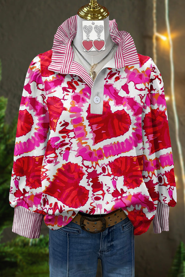 Valentine's Day Tie-Dye Heart Print Striped Blouse