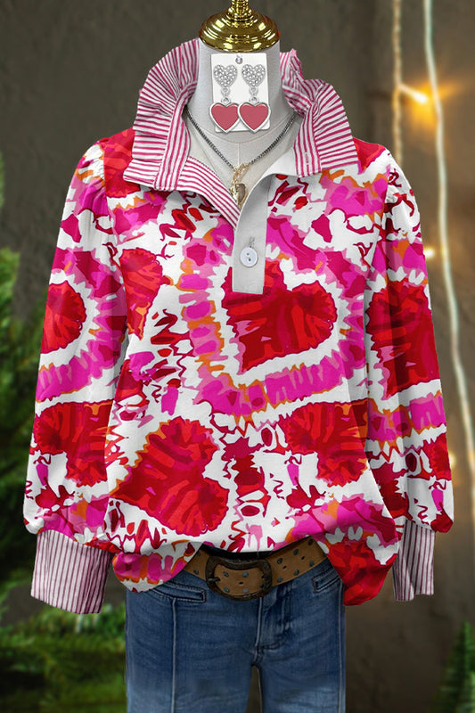 Valentine's Day Tie-Dye Heart Print Striped Blouse