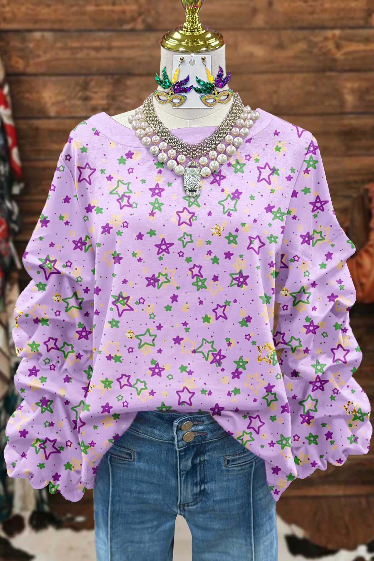 Classic Mardi Gras Star Print Pleated Sweatshirt