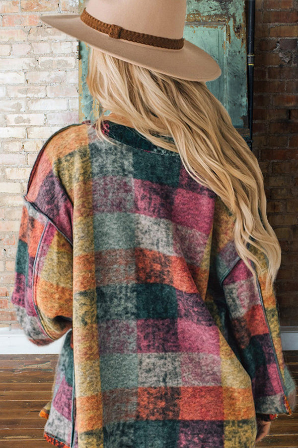 Stylish Western Multicolor Plaid Loose Jacket