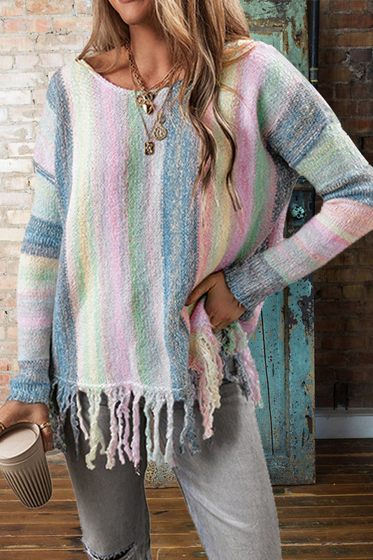 Cozy Striped Fringe Print Sweater