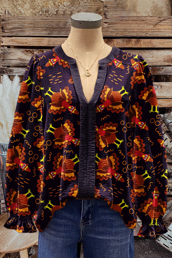 Classic Thanksgiving Turkey Print Puff Sleeve Top