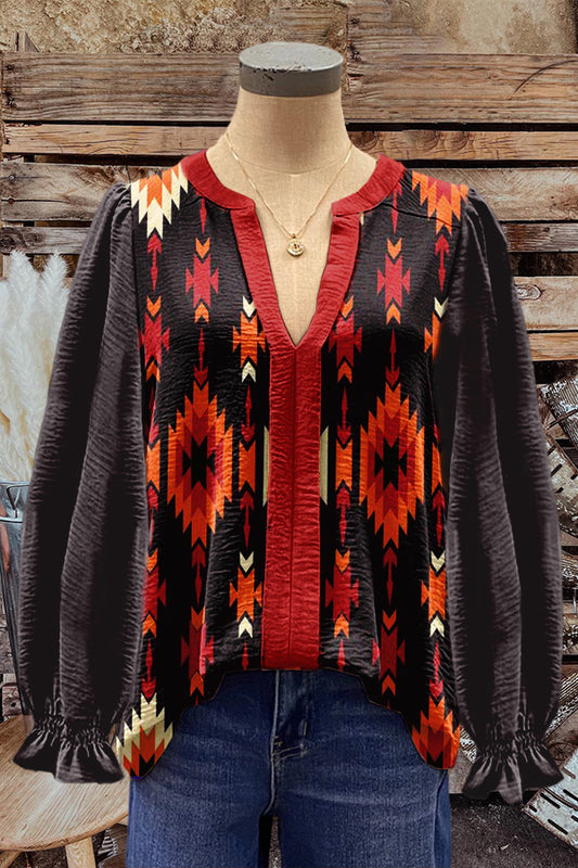 Unique Western Totem Print Puff Sleeve Top