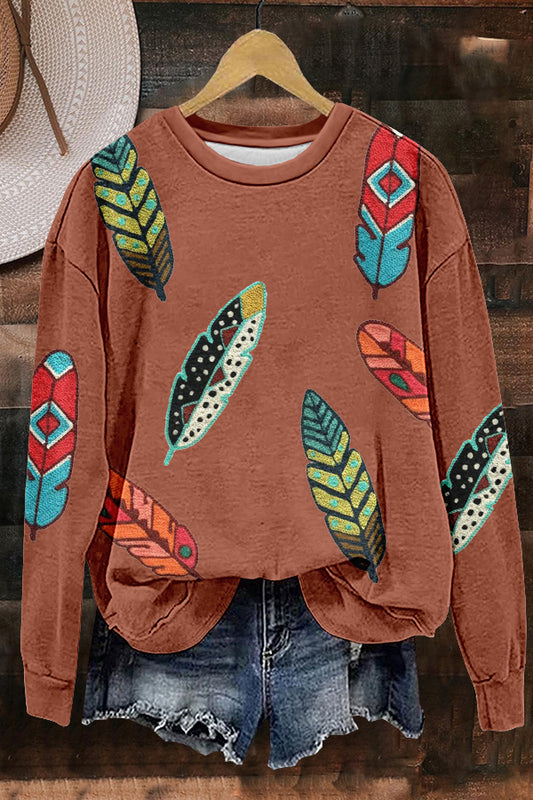 Unique Western Tribal Feather Print Sweatshirt