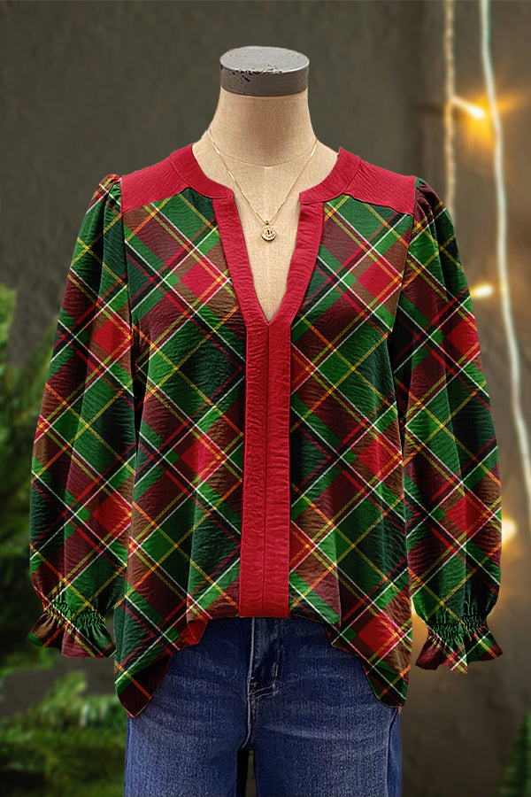 Classic Christmas Plaid Print Puff Sleeve Top