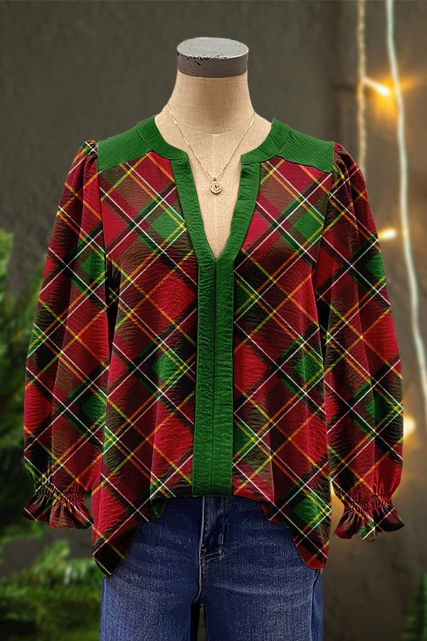 Classic Christmas Plaid Print Puff Sleeve Top