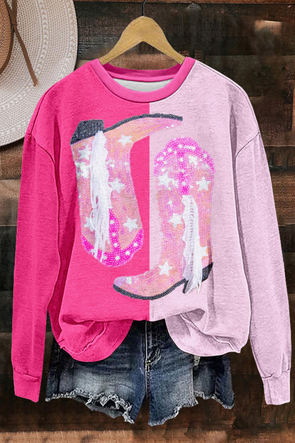 Shiny Western Cowboy Boots Print Sweatshirt