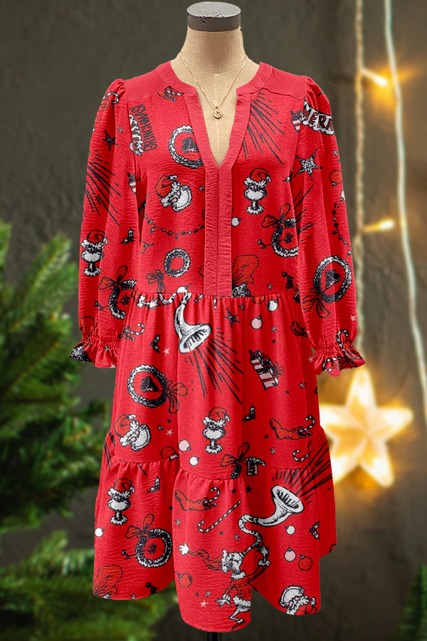 Ugly Christmas Grinch Print V-neck Puff Sleeve Dress