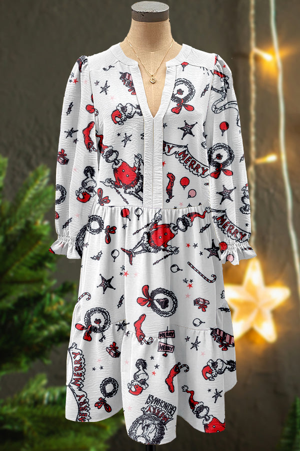 Ugly Christmas Grinch Print V-neck Puff Sleeve Dress