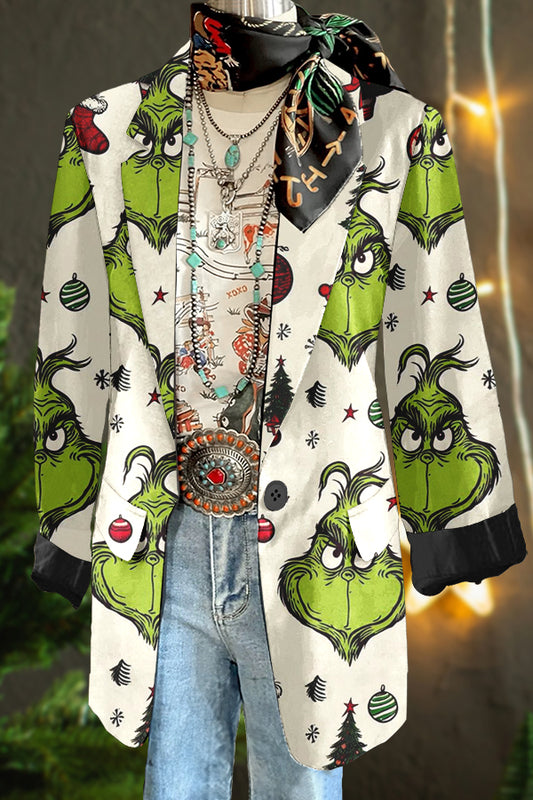 Funny Christmas Grinch Print Blazer