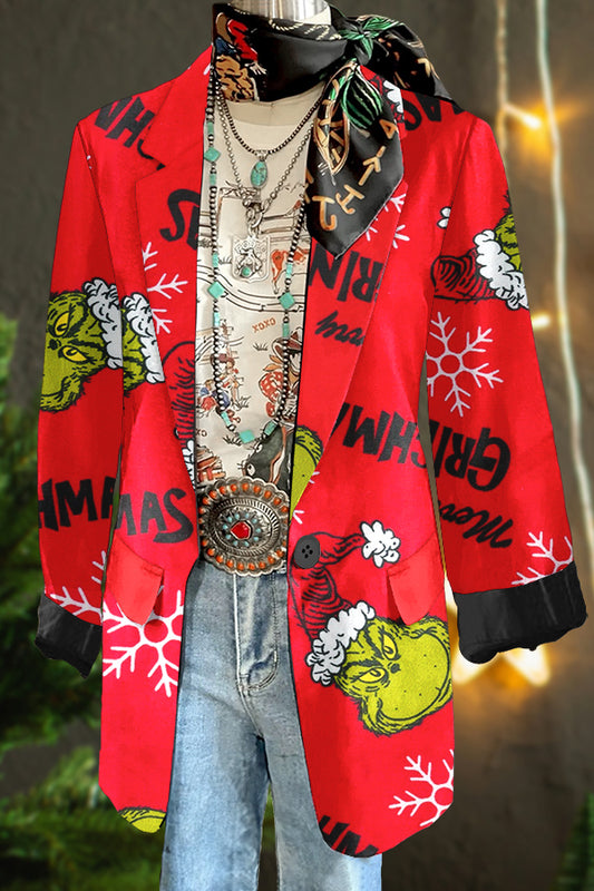 Stylish Christmas Grinch Print Blazer