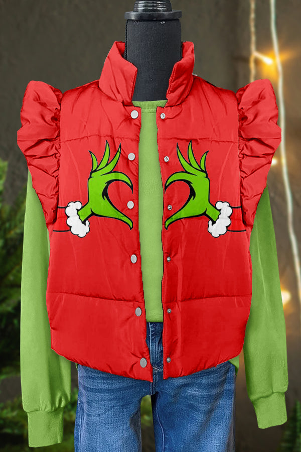 Funny Christmas Grinch Print Ruffle Vest