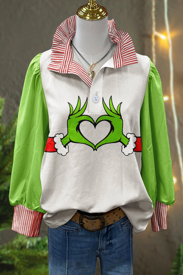 Funny Christmas Grinch Print Puff Sleeve Top