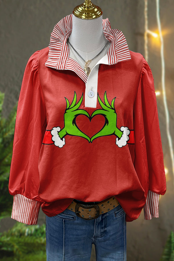 Classic Christmas Grinch Print Puff Sleeve Top