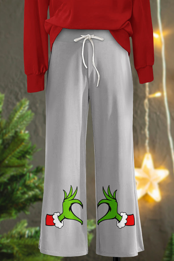 Cute Christmas Grinch Print Wide Leg Pants