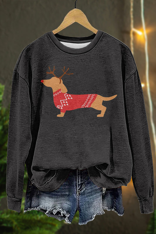 Cute Christmas Elk Dachshund Print Sweatshirt