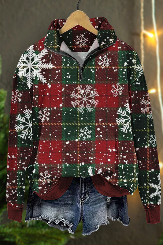 Christmas Snowflake Plaid Print Sweatshirt