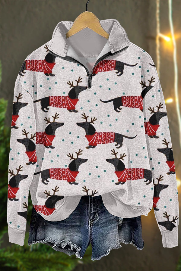 Cute Christmas Dachshund Print Sweatshirt