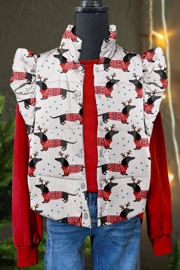 Cute Christmas Dachshund Print Ruffle Vest