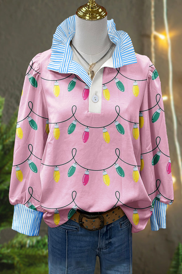 Sweet Christmas Lights Print Puff Sleeve Top