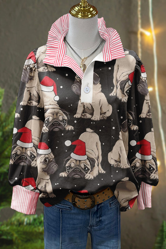 Cute Christmas Bulldog Print Puff Sleeve Top