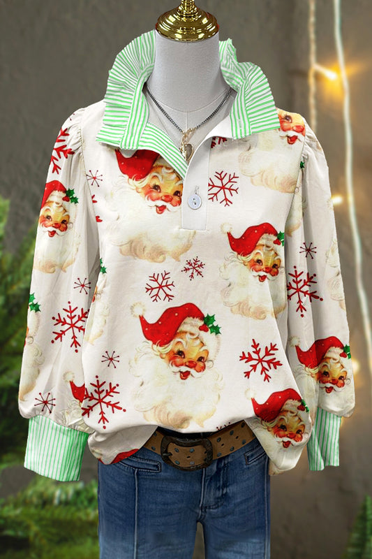 Cute Christmas Santa Claus Print Puff Sleeve Top