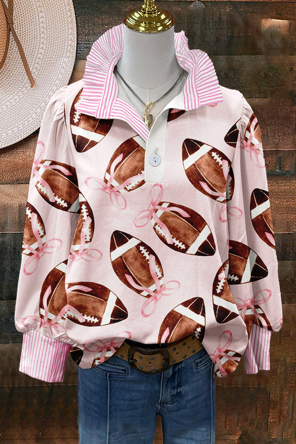 Cute Gameday Football Bow Print Puff Sleeve Top