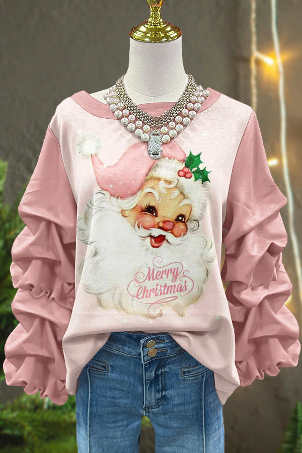 Cute Christmas Santa Claus Print Pleated Top