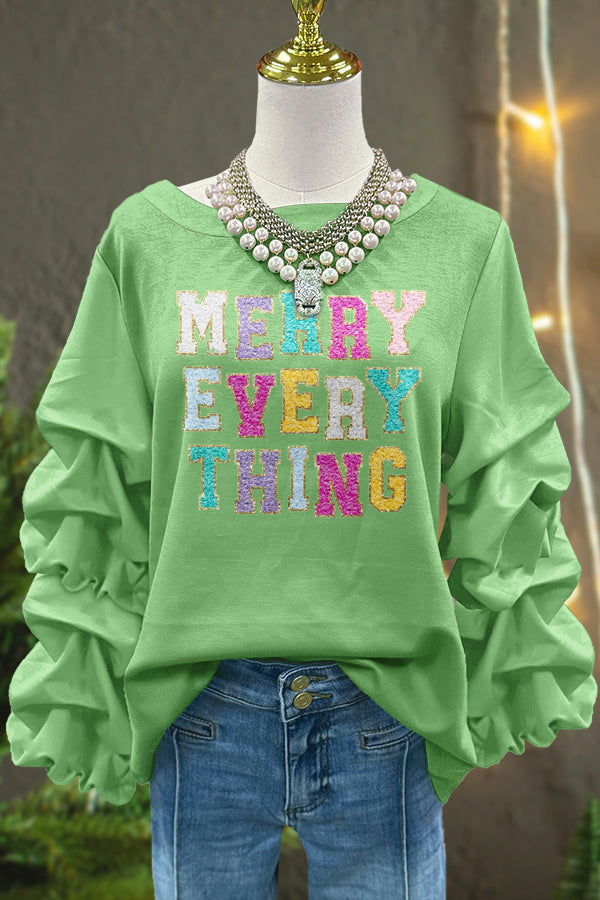 Cute Merry Christmas Print Pleated Top