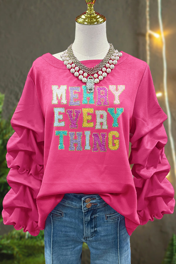 Cute Merry Christmas Print Pleated Top